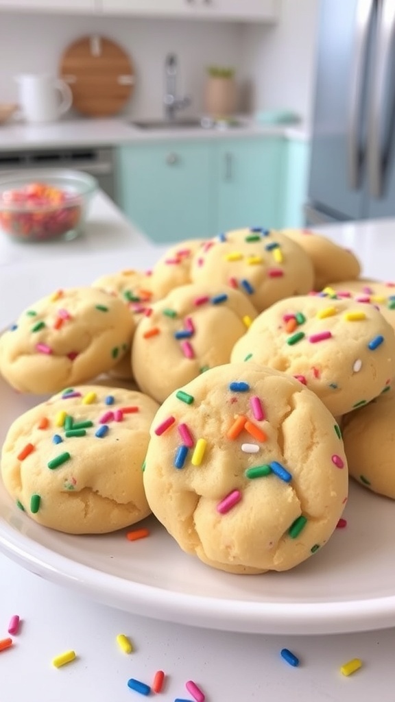 A plate of funfetti no-bake cookies with colorful sprinkles, set against a bright kitchen backdrop.
